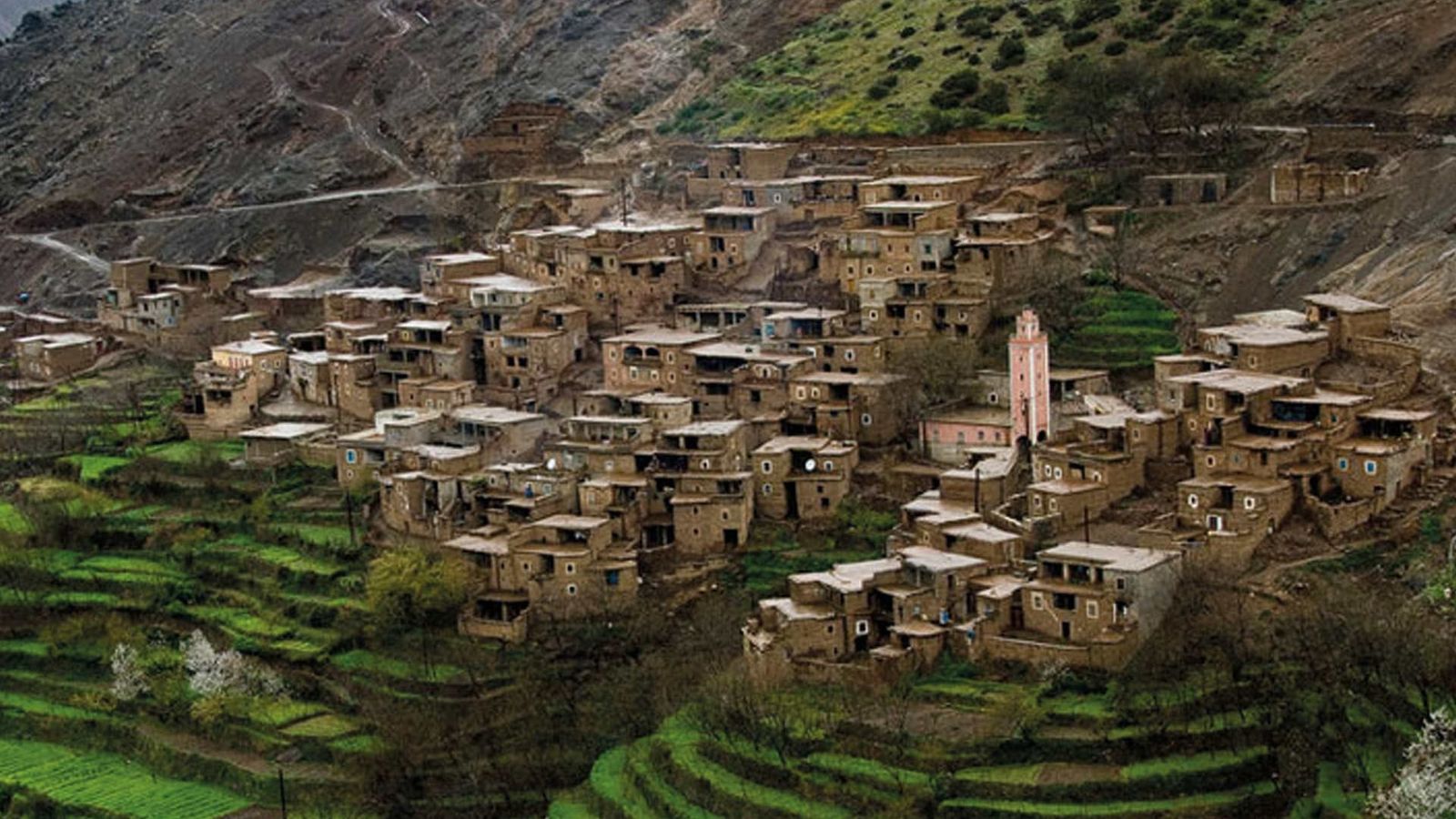 Stone houses stacked above irrigated terraces in the Atlas